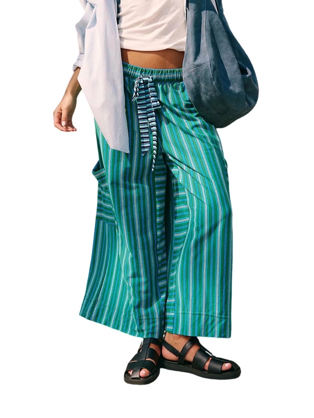 Women’s Green & Blue Striped Wide Leg Pants High Waisted Drawstring Boho Breezy